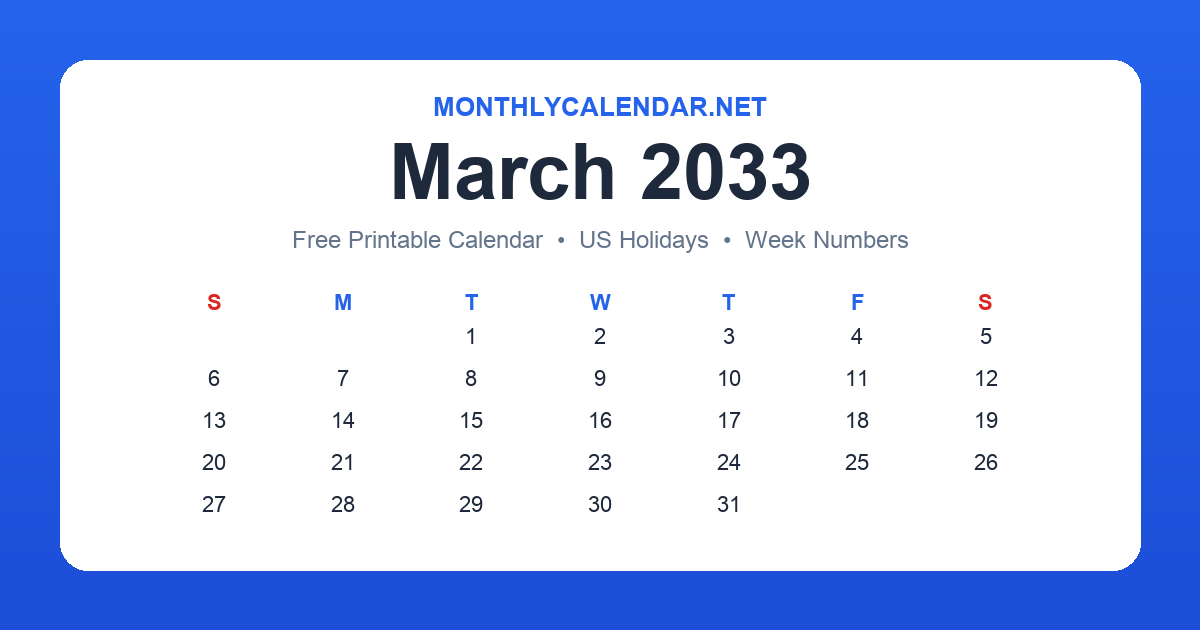 Printable March 2033 calendar with holidays