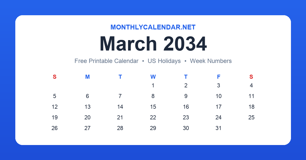 Printable March 2034 calendar with holidays
