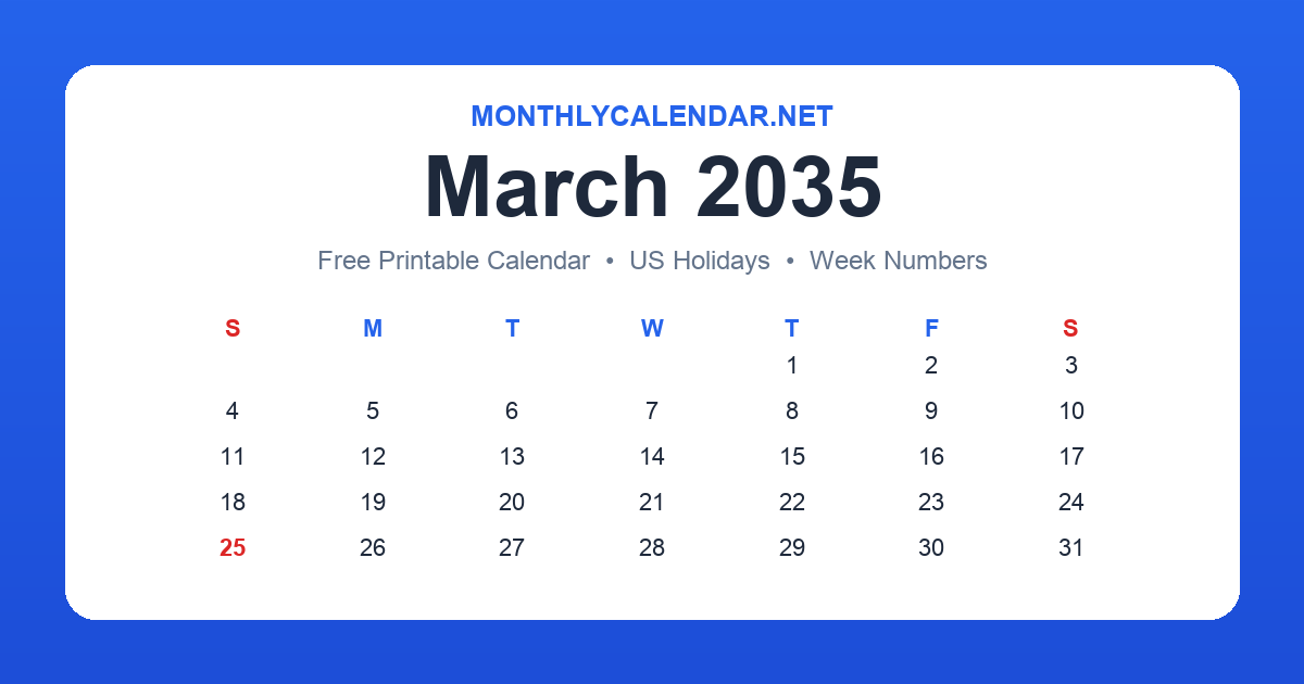 Printable March 2035 calendar with holidays