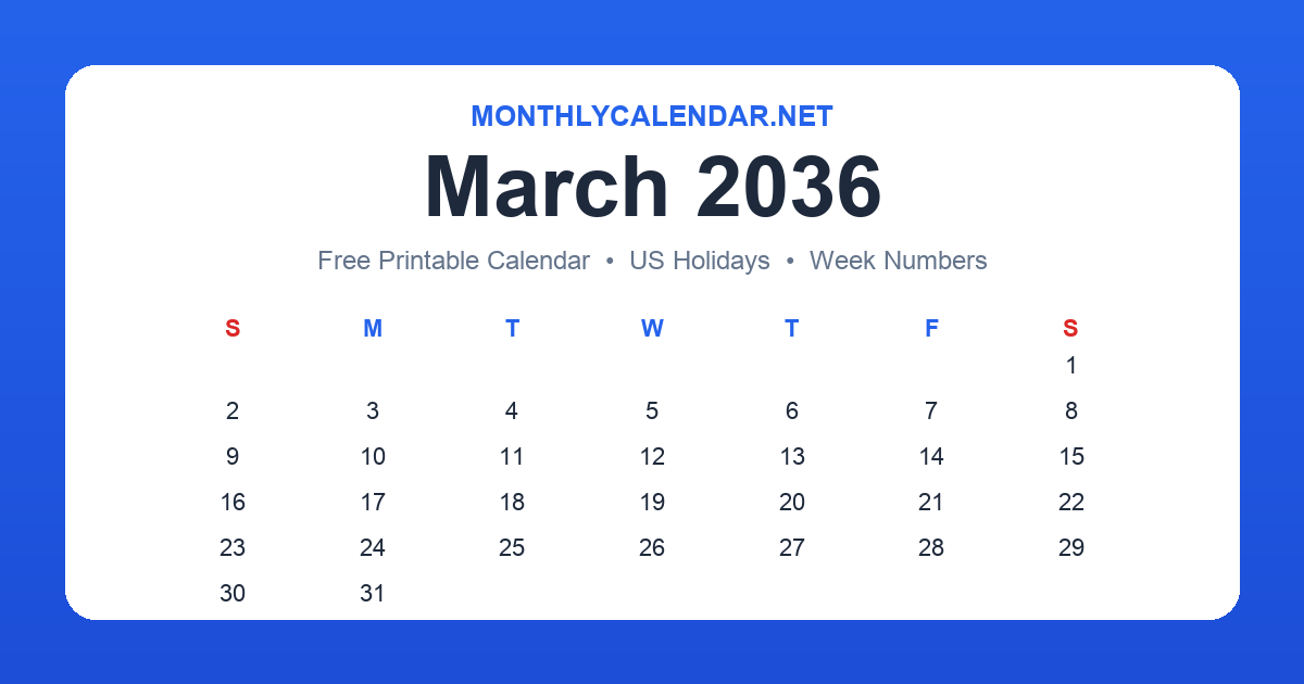 Printable March 2036 calendar with holidays
