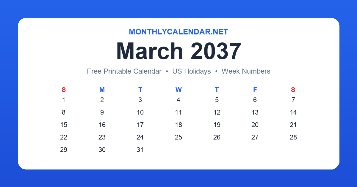 Printable March 2037 calendar with holidays