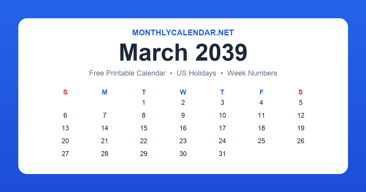 Printable March 2039 calendar with holidays