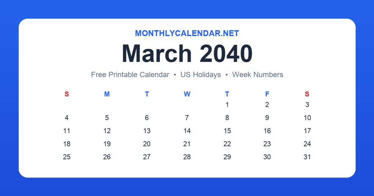 Printable March 2040 calendar with holidays