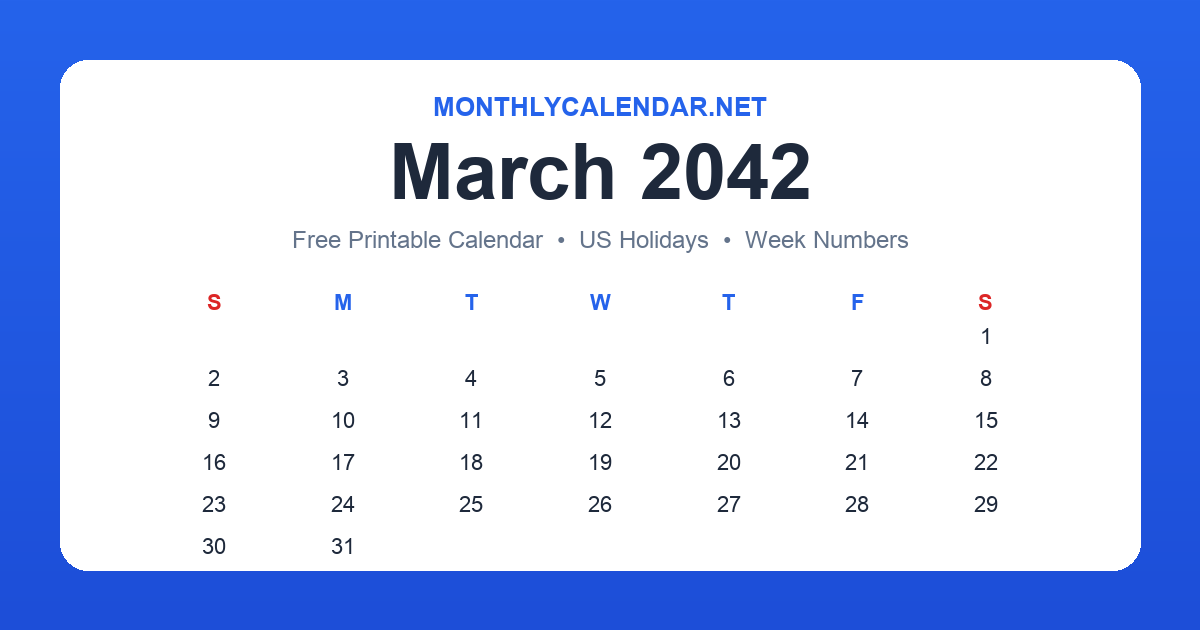 Printable March 2042 calendar with holidays