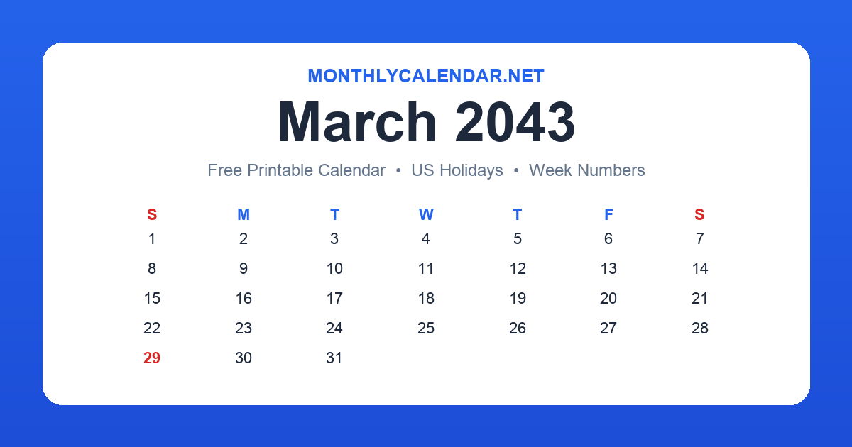 Printable March 2043 calendar with holidays