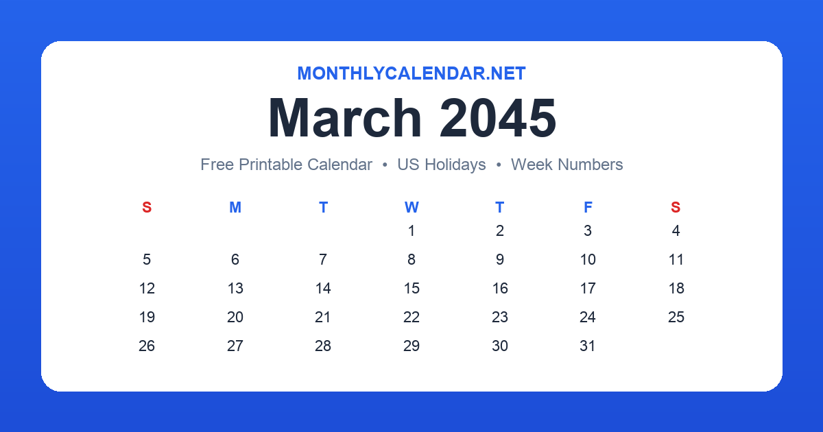 Printable March 2045 calendar with holidays