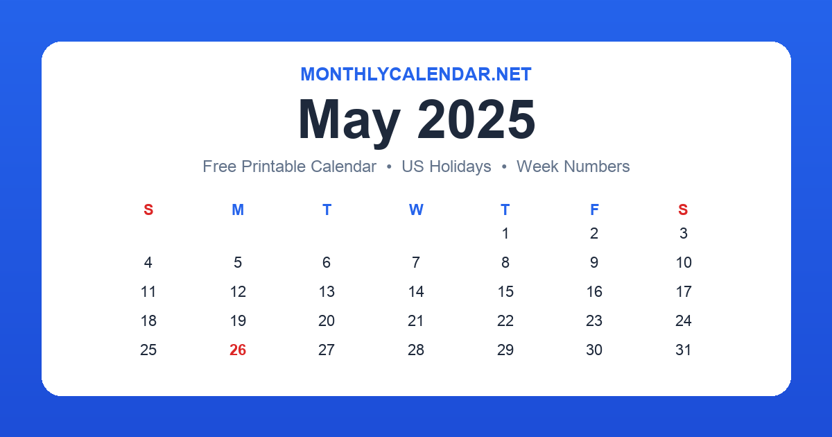 Printable May 2025 calendar with holidays