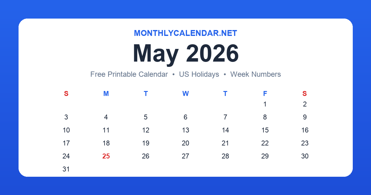 Printable May 2026 calendar with holidays