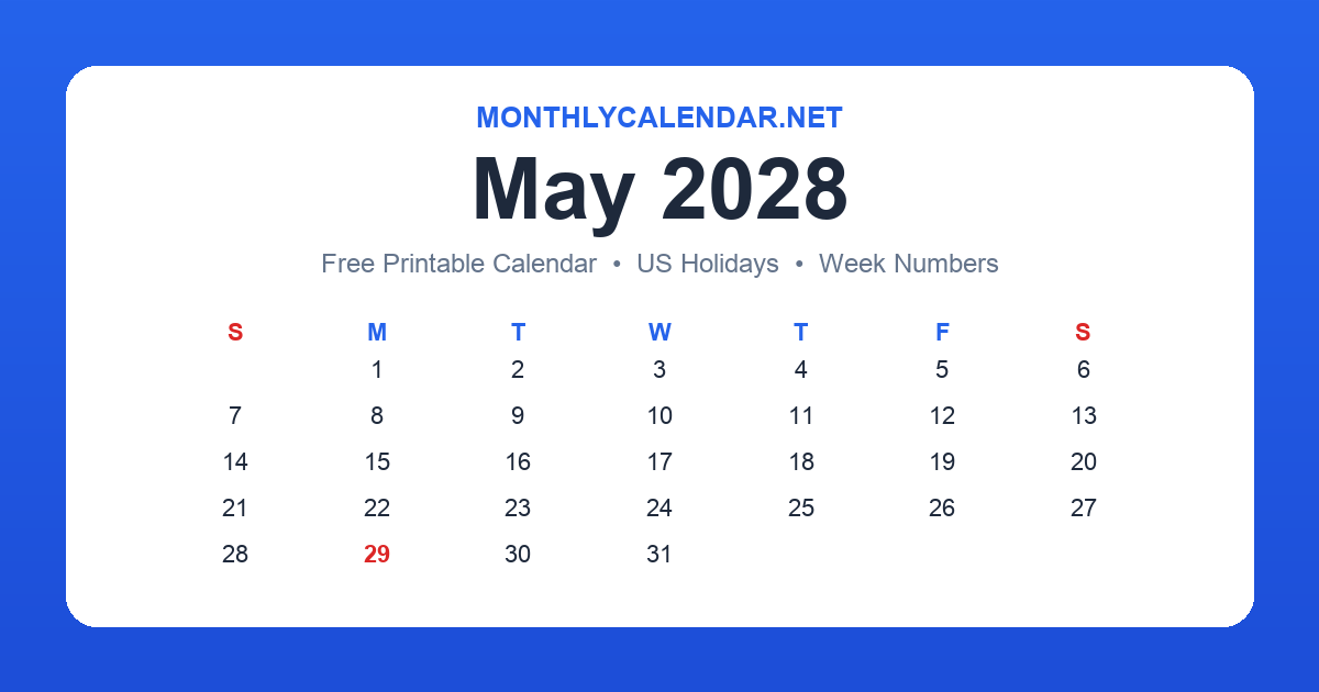 Printable May 2028 calendar with holidays
