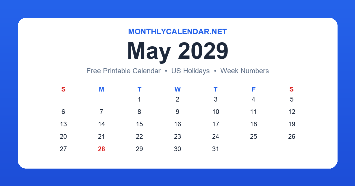 Printable May 2029 calendar with holidays