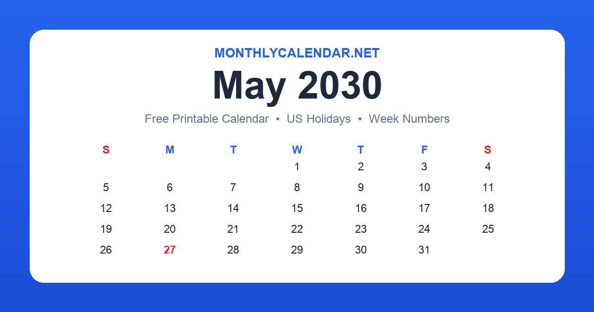 Printable May 2030 calendar with holidays