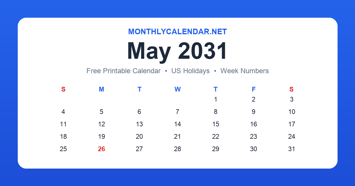 Printable May 2031 calendar with holidays