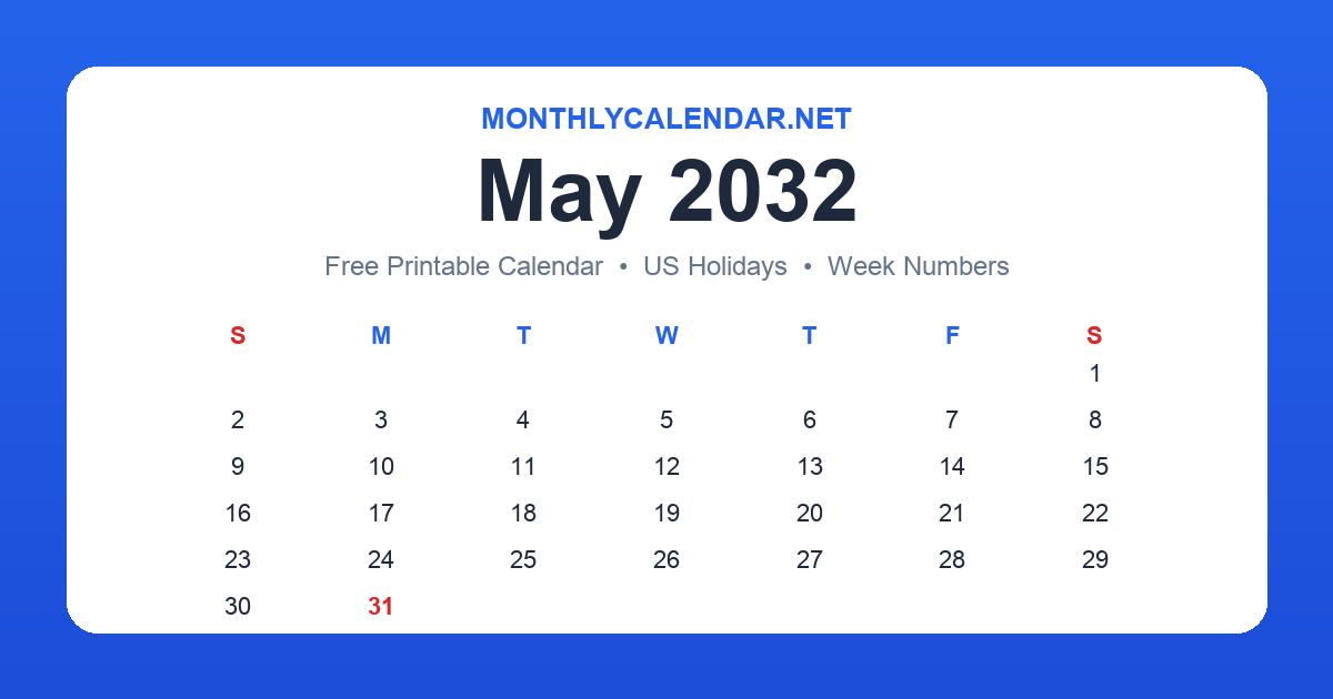 Printable May 2032 calendar with holidays