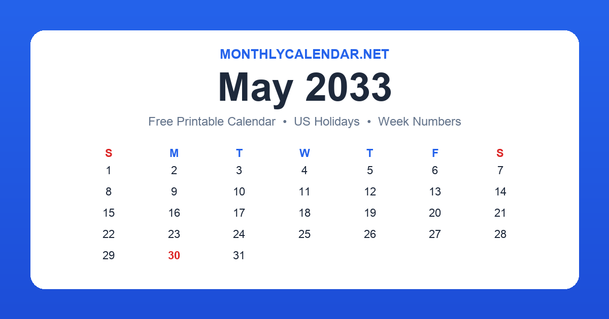 Printable May 2033 calendar with holidays