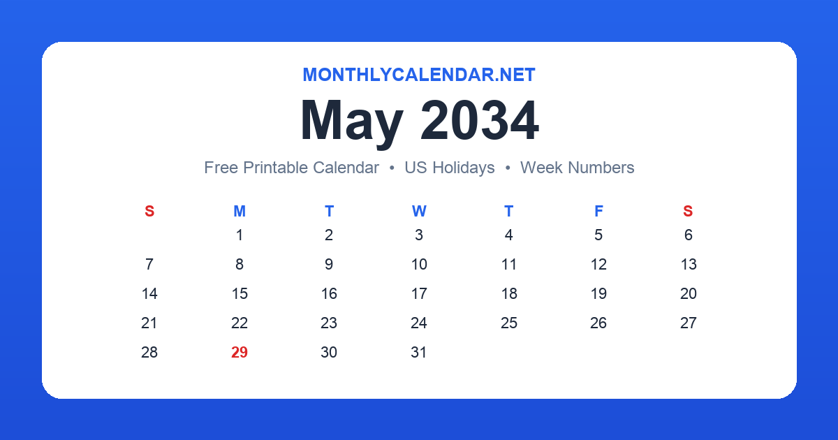 Printable May 2034 calendar with holidays