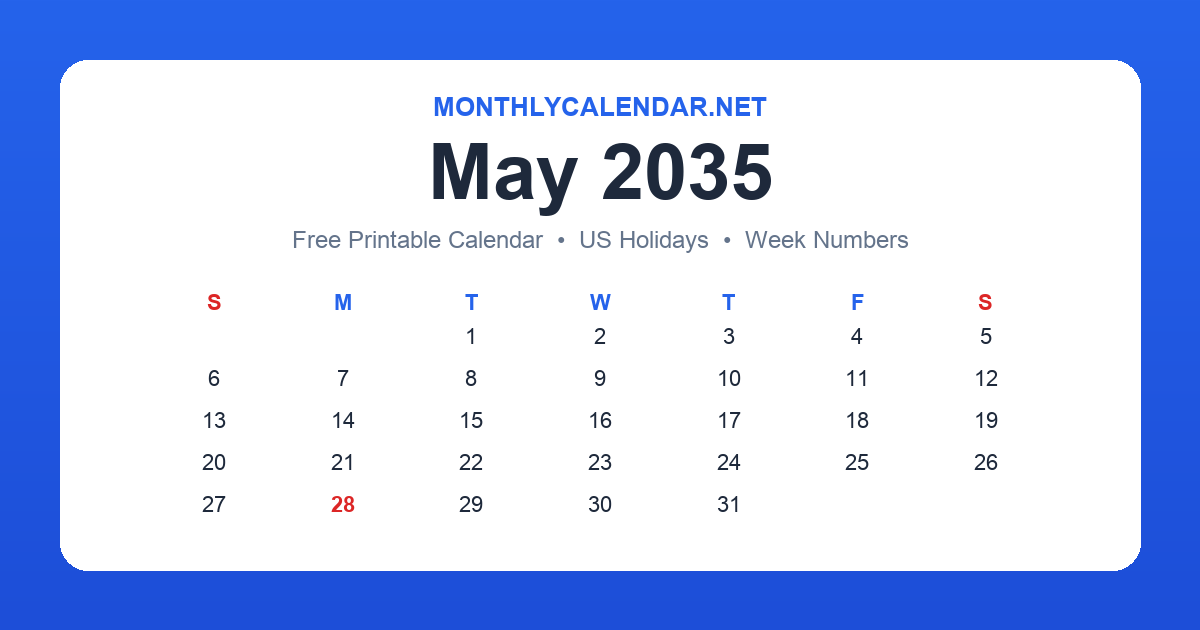 Printable May 2035 calendar with holidays