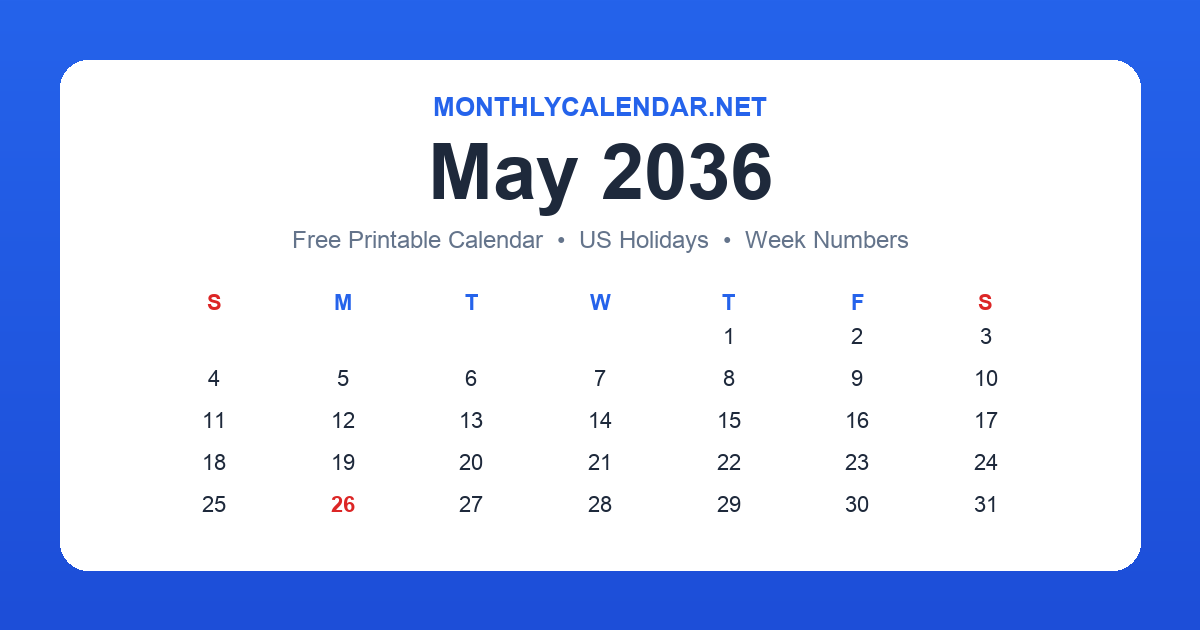 Printable May 2036 calendar with holidays