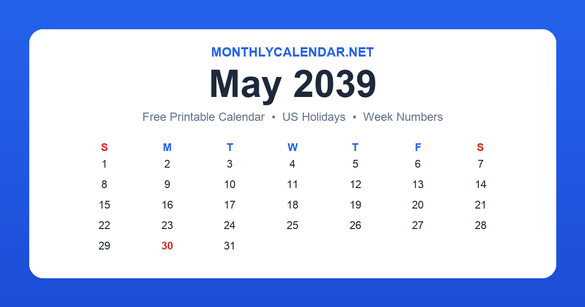 Printable May 2039 calendar with holidays