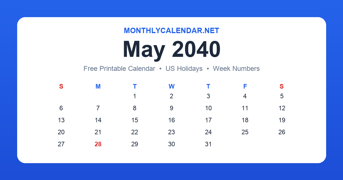 Printable May 2040 calendar with holidays