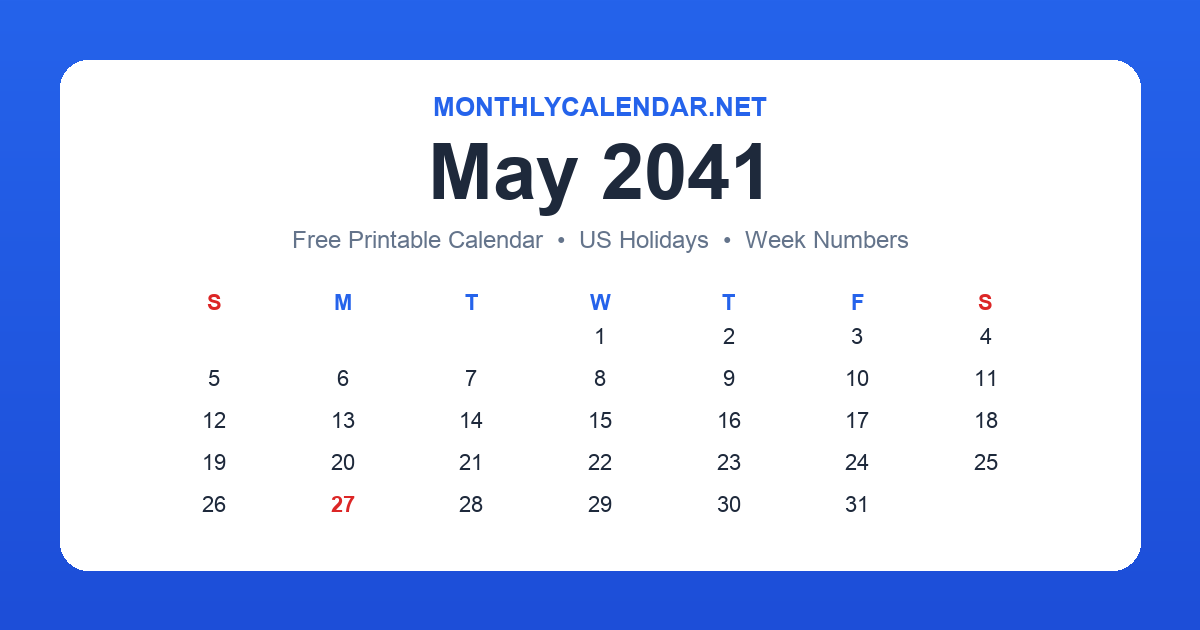 Printable May 2041 calendar with holidays