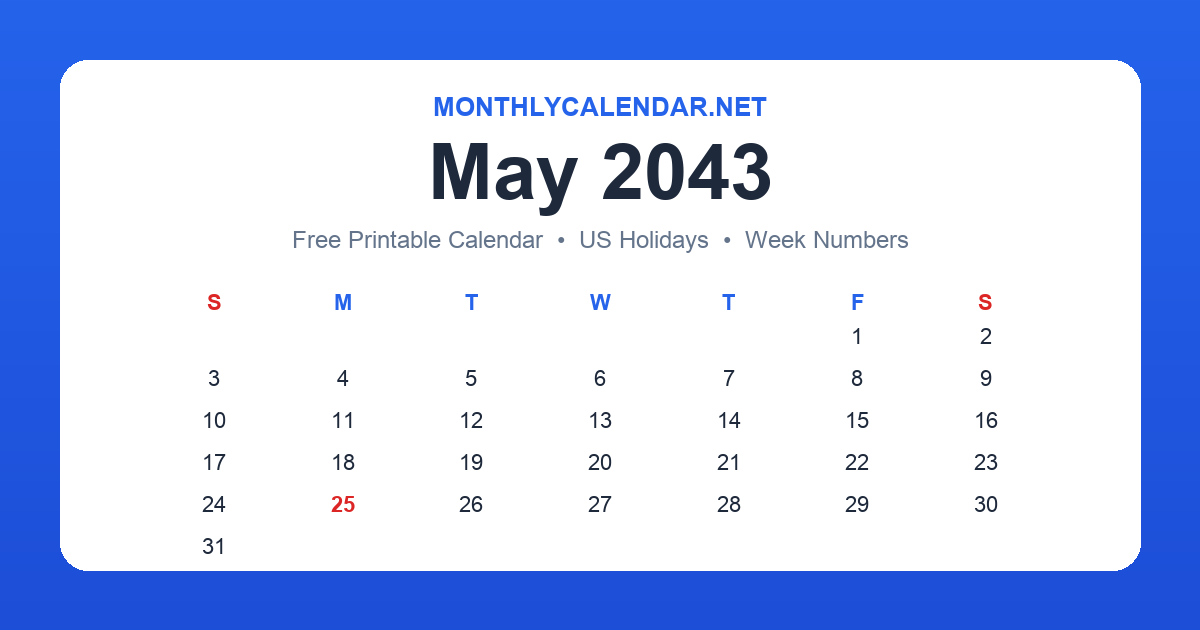 Printable May 2043 calendar with holidays