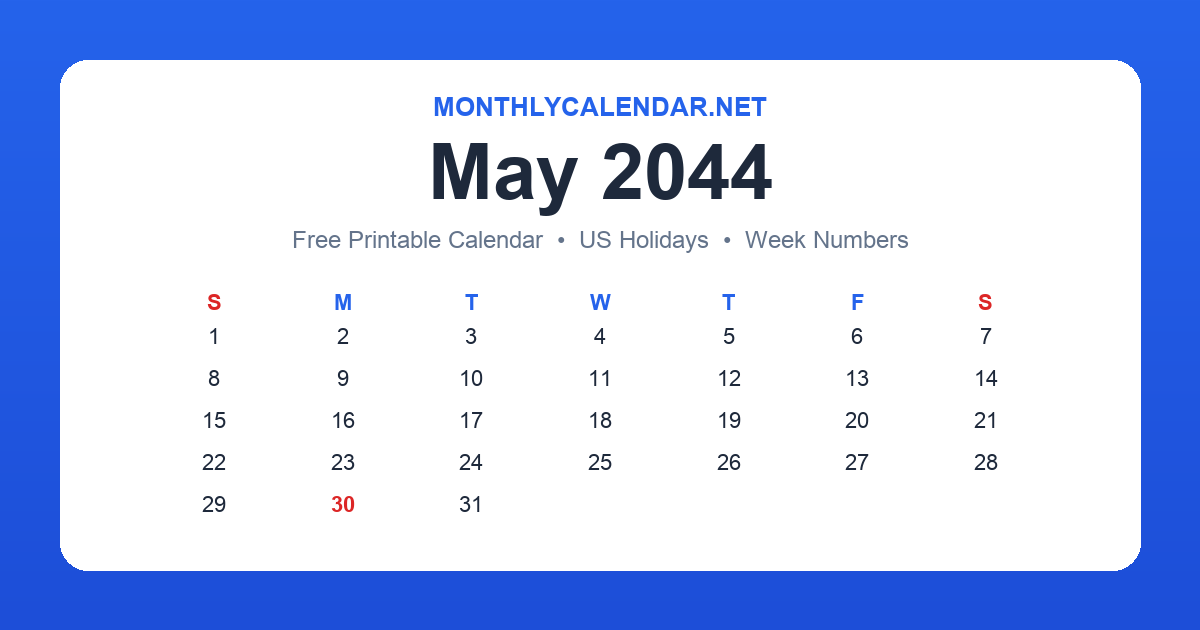 Printable May 2044 calendar with holidays