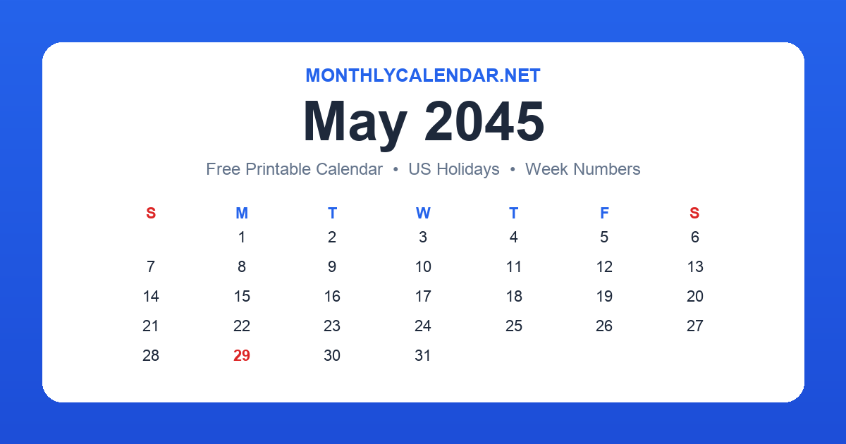 Printable May 2045 calendar with holidays