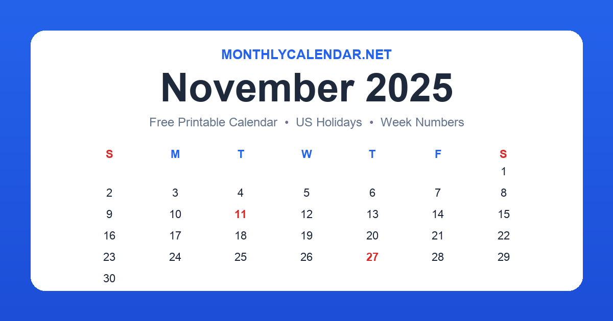 Printable November 2025 calendar with holidays
