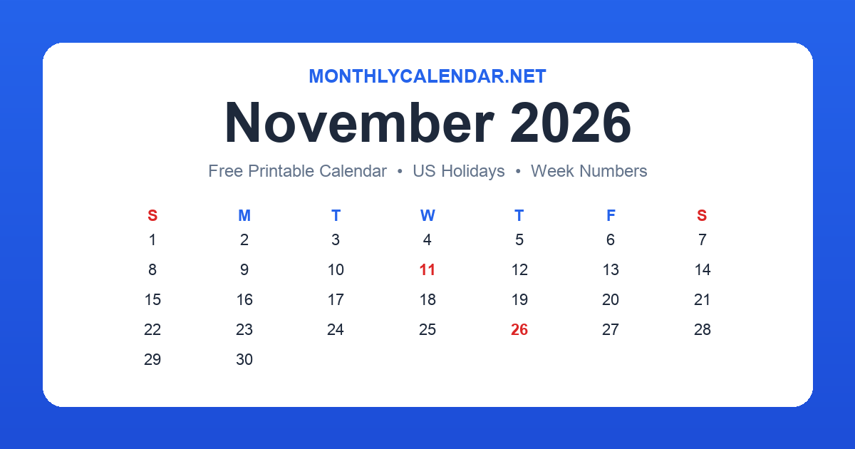 Printable November 2026 calendar with holidays