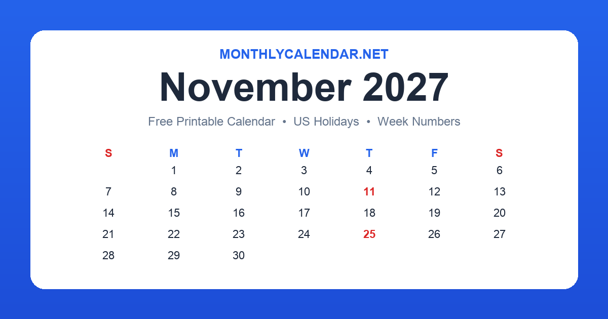 Printable November 2027 calendar with holidays