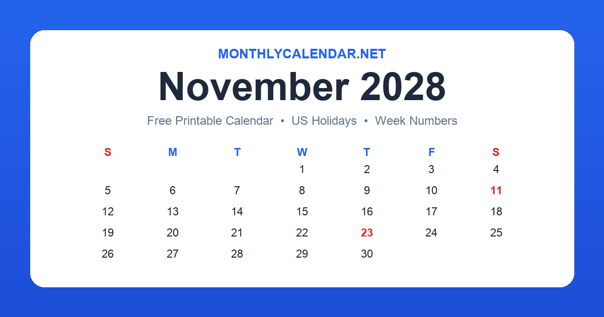 Printable November 2028 calendar with holidays