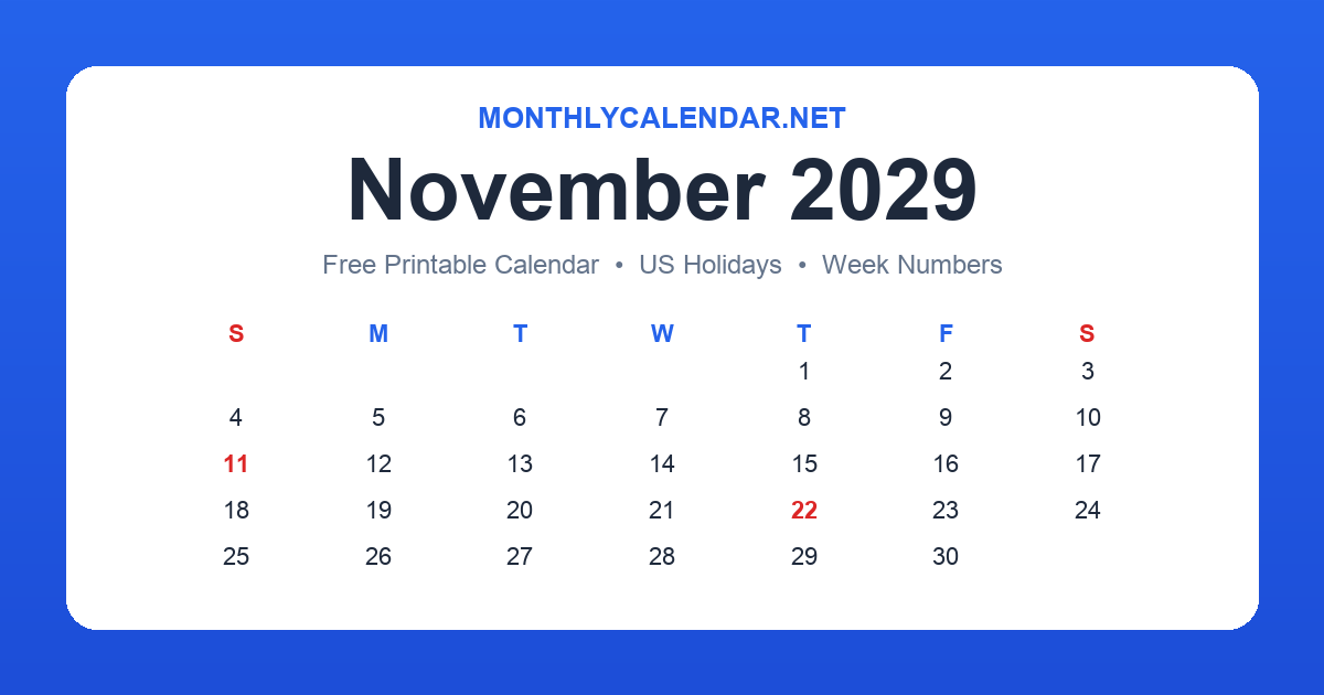 Printable November 2029 calendar with holidays
