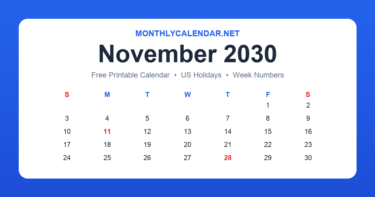 Printable November 2030 calendar with holidays