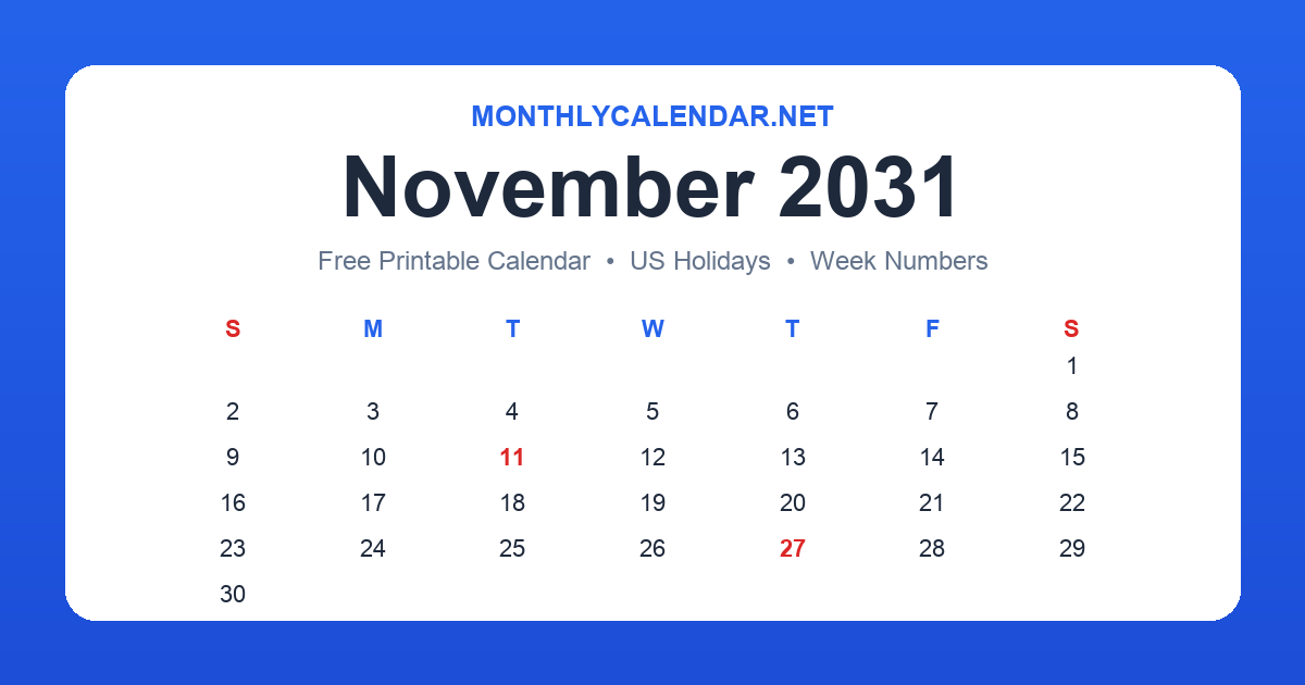 Printable November 2031 calendar with holidays