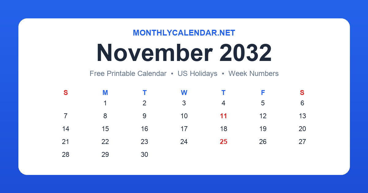 Printable November 2032 calendar with holidays