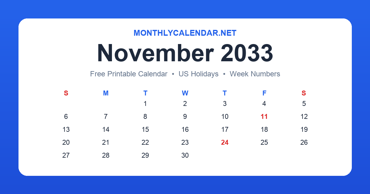 Printable November 2033 calendar with holidays