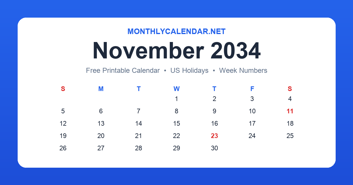 Printable November 2034 calendar with holidays