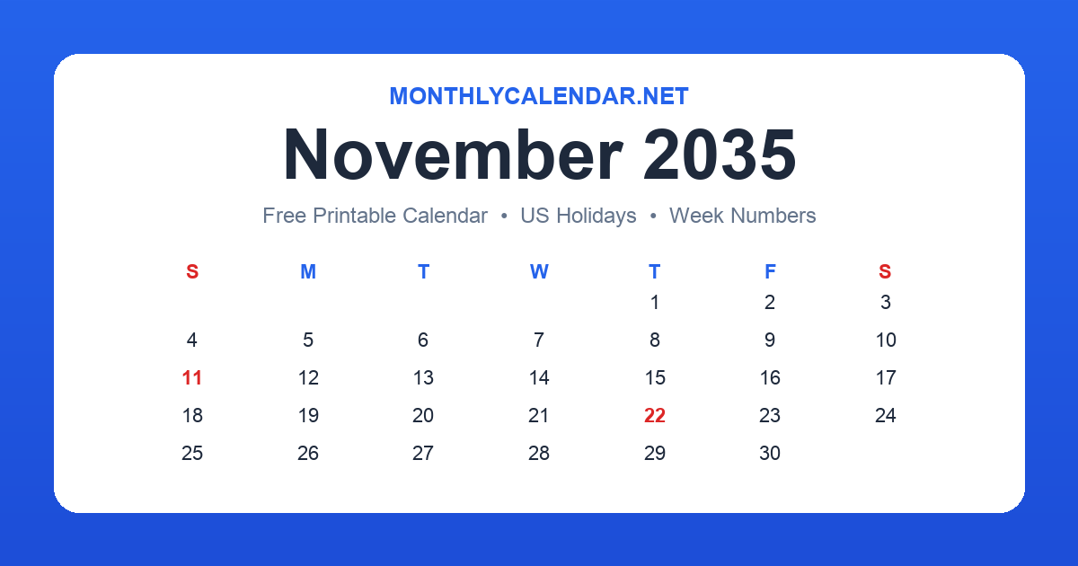 Printable November 2035 calendar with holidays