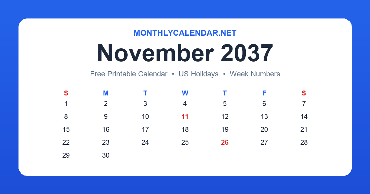 Printable November 2037 calendar with holidays