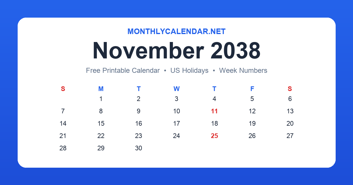 Printable November 2038 calendar with holidays