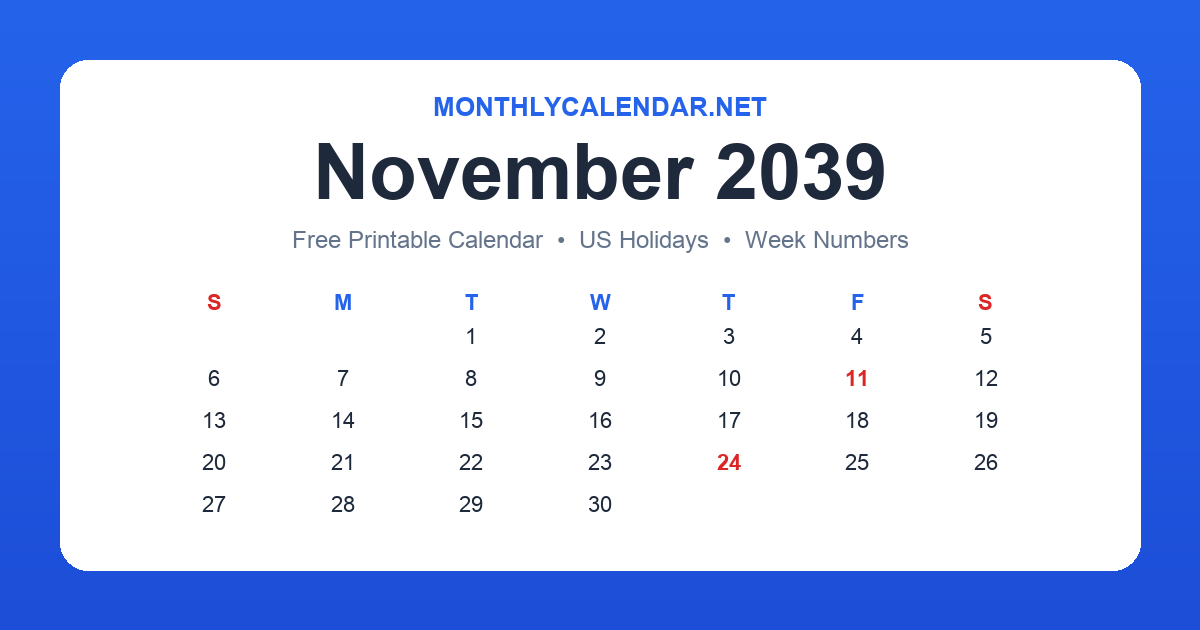 Printable November 2039 calendar with holidays