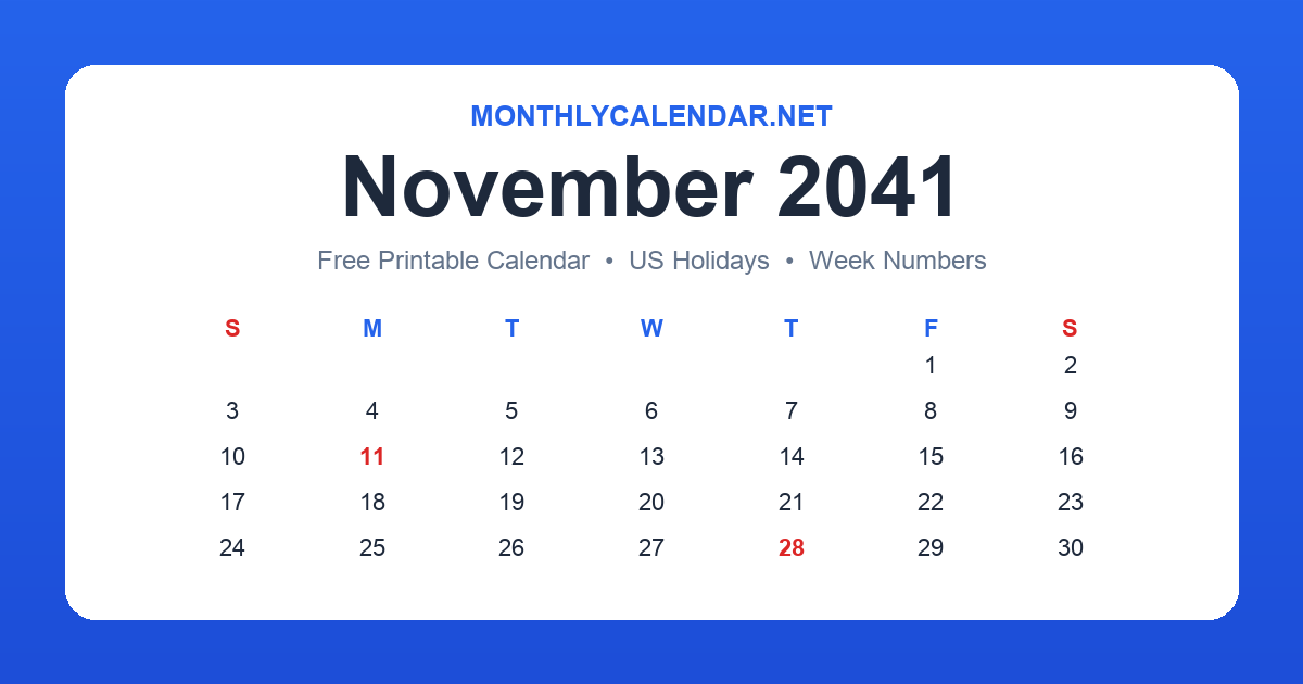 Printable November 2041 calendar with holidays