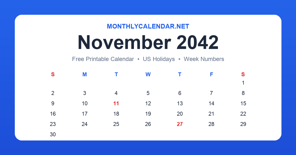 Printable November 2042 calendar with holidays