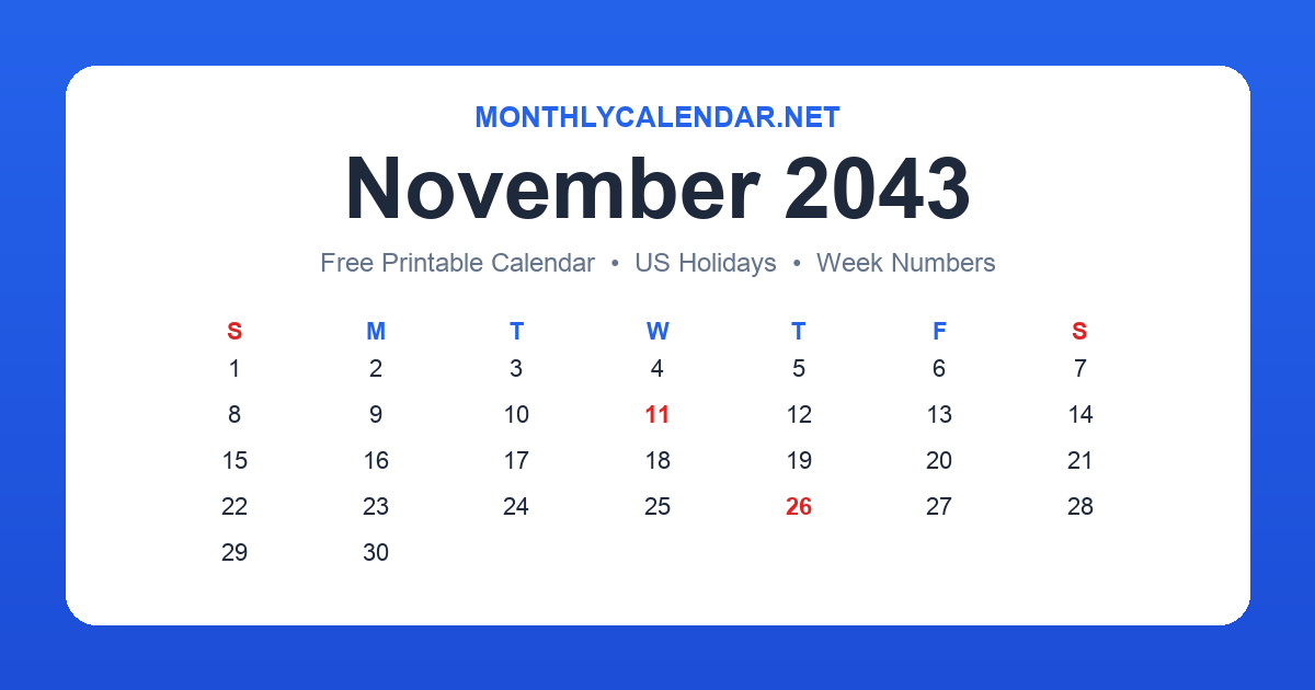 Printable November 2043 calendar with holidays