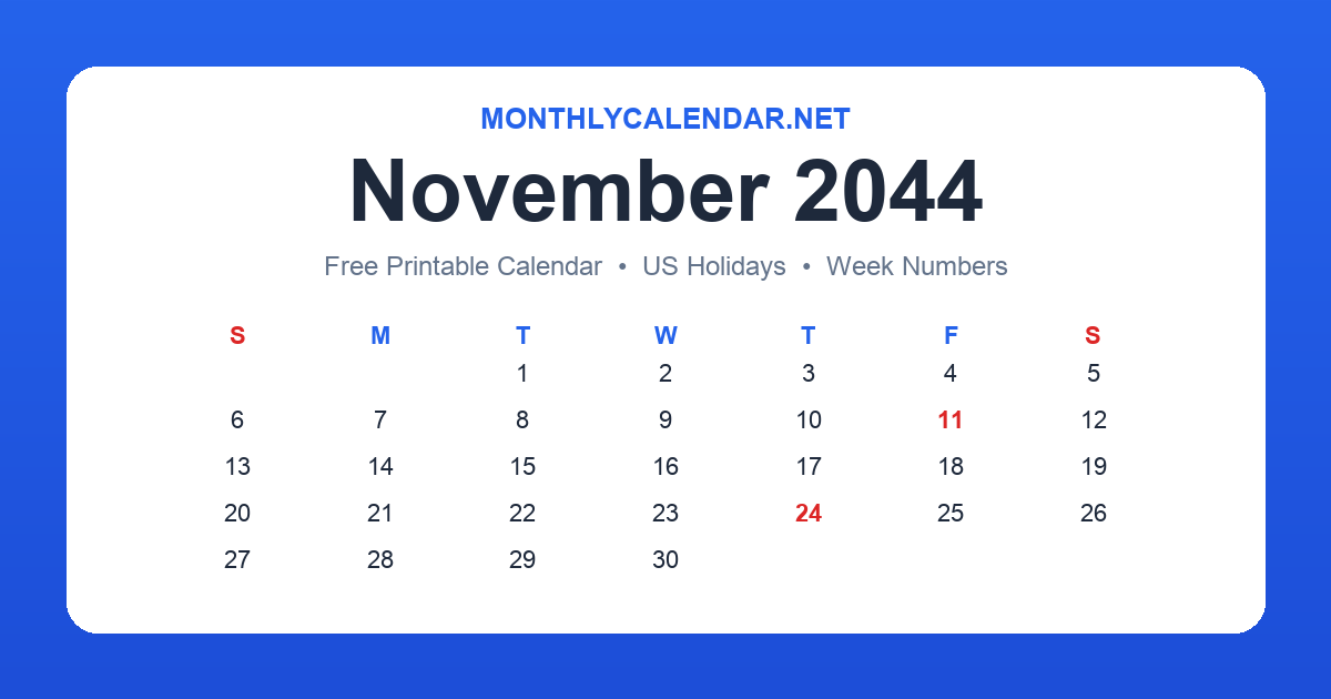 Printable November 2044 calendar with holidays