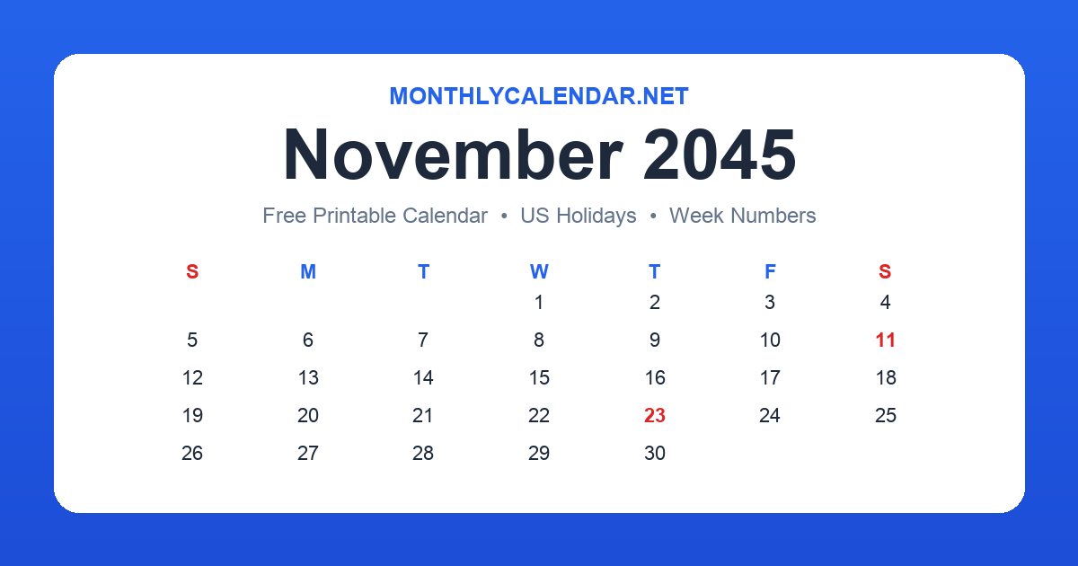 Printable November 2045 calendar with holidays