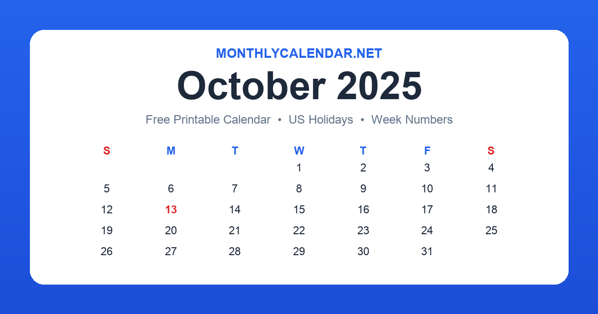 Printable October 2025 calendar with holidays