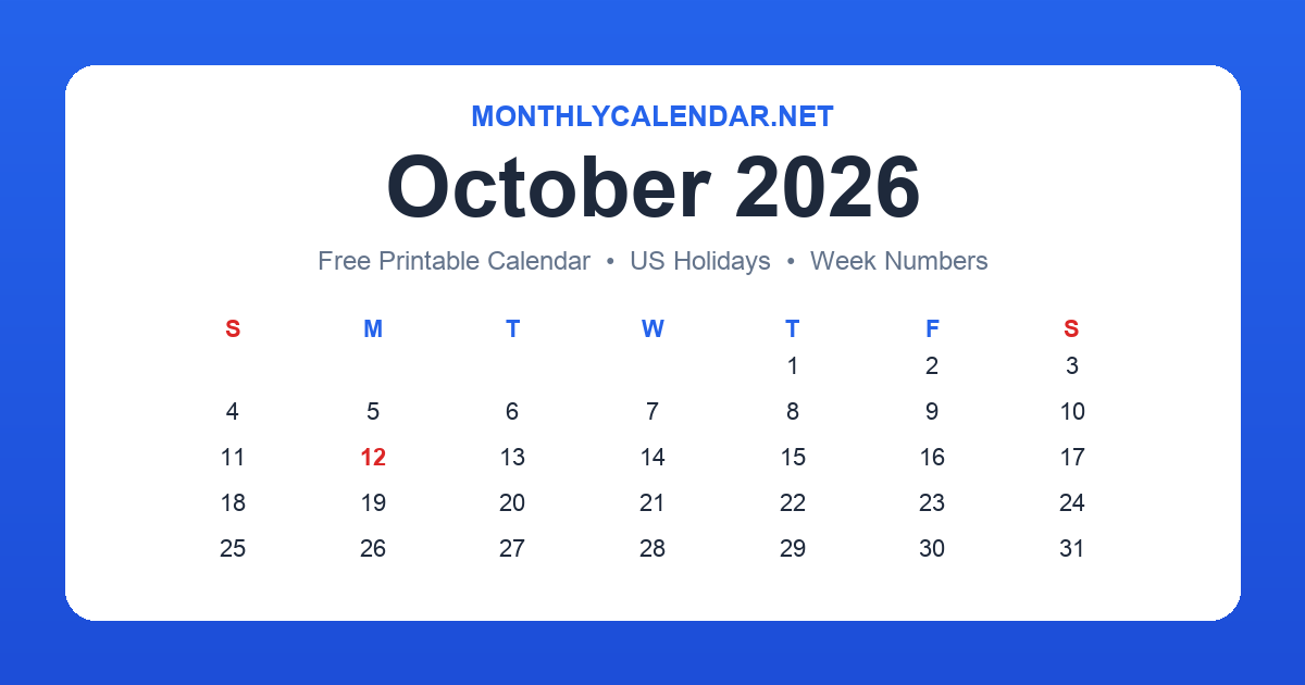 Printable October 2026 calendar with holidays