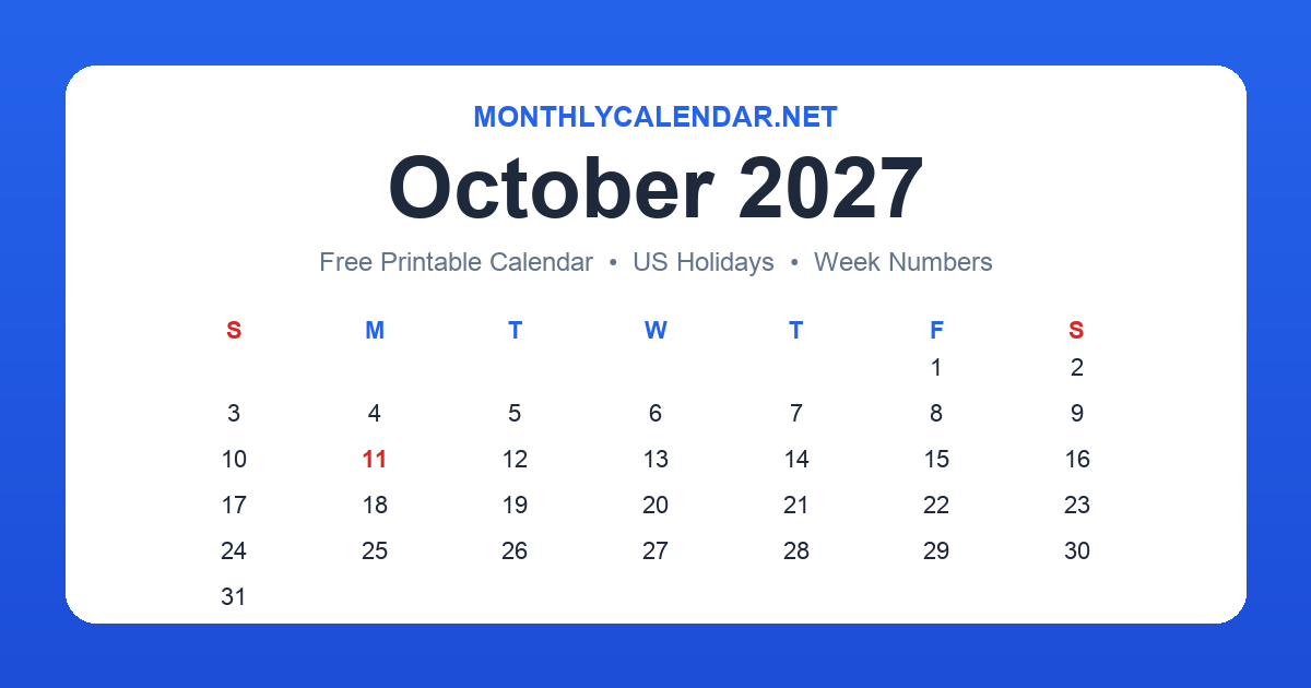 Printable October 2027 calendar with holidays