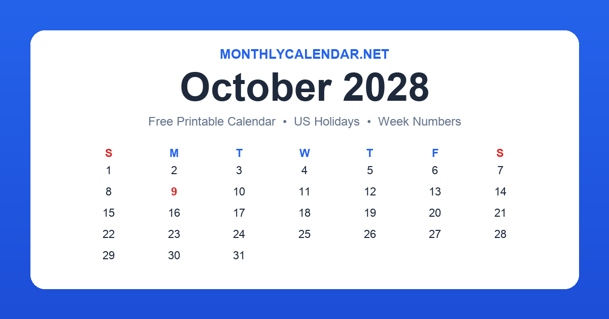 Printable October 2028 calendar with holidays